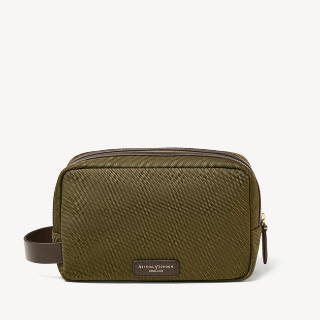 Men's Wash Bag Olive Nylon Canvas with Leather Trim