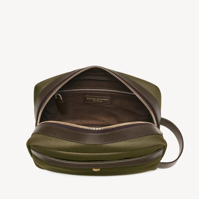 Men's Wash Bag Olive Nylon Canvas with Leather Trim
