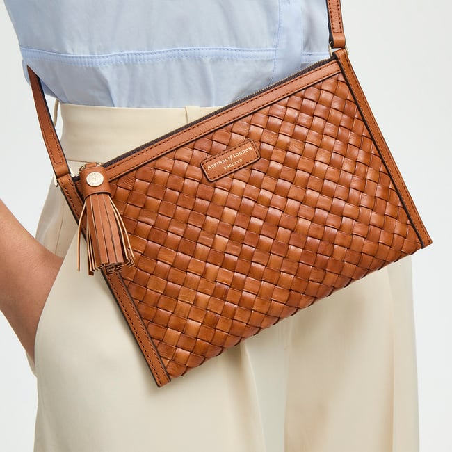 Island Crossbody Pouch Tan Woven Leather