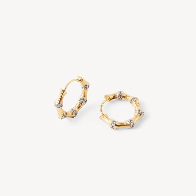 Bamboo Huggie Earrings White Topaz & 18ct Gold Vermeil