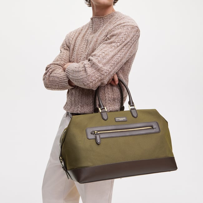 Men's Weekend Bag Olive Nylon Canvas with Leather Trim
