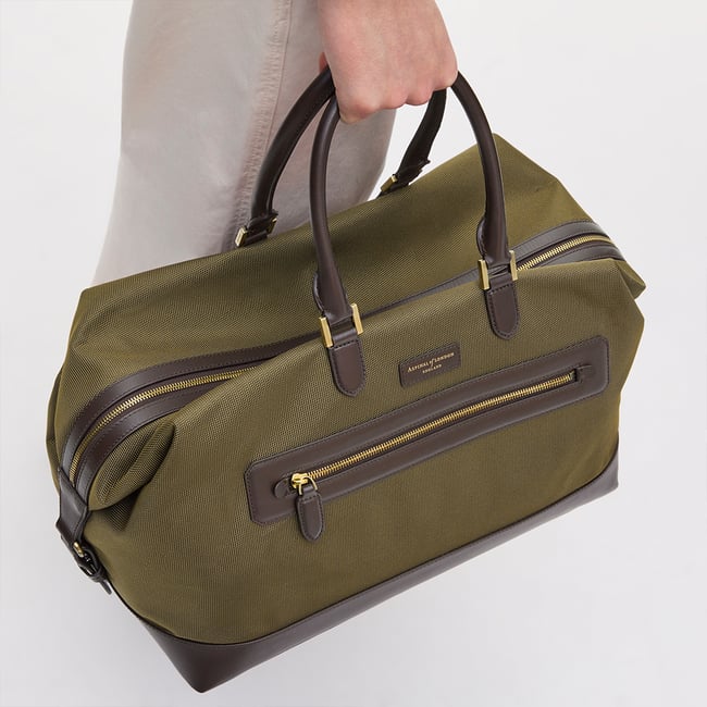 Men's Weekend Bag Olive Nylon Canvas with Leather Trim