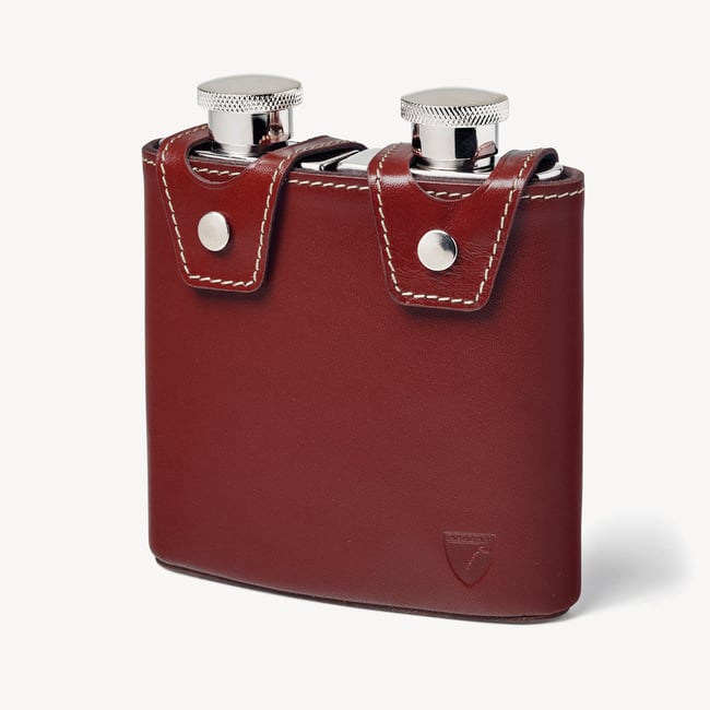 Double 6oz Leather Hip Flask Smooth Cognac & Espresso Suede