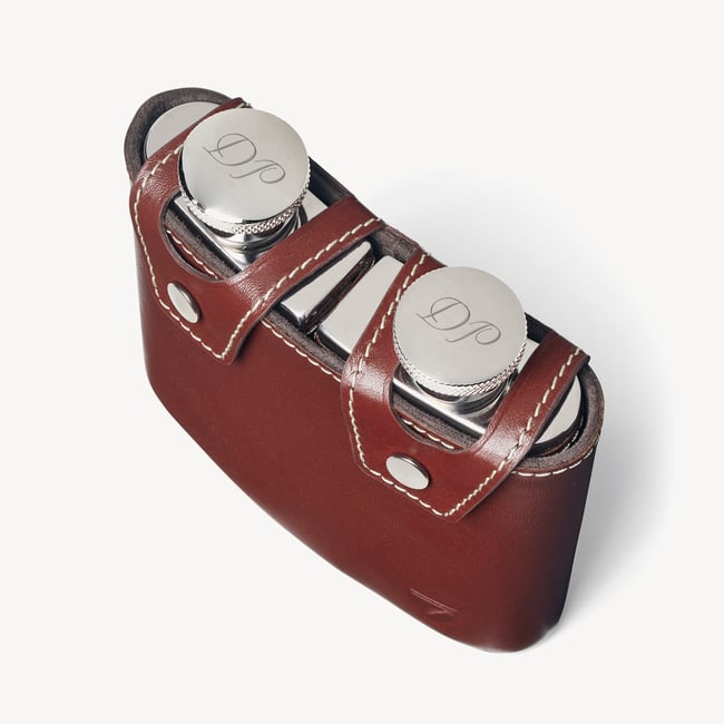 Double 6oz Leather Hip Flask Smooth Cognac & Espresso Suede