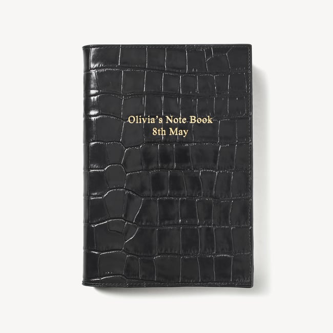 A5 Refillable Luxury Journal Deep Shine Black Croc with Soft Suede Lining