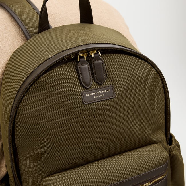 Men's Backpack Olive Nylon Canvas with Leather Trim