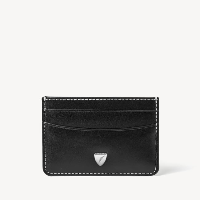 Slim Credit Card Holder Smooth Black with Ecru Stitching