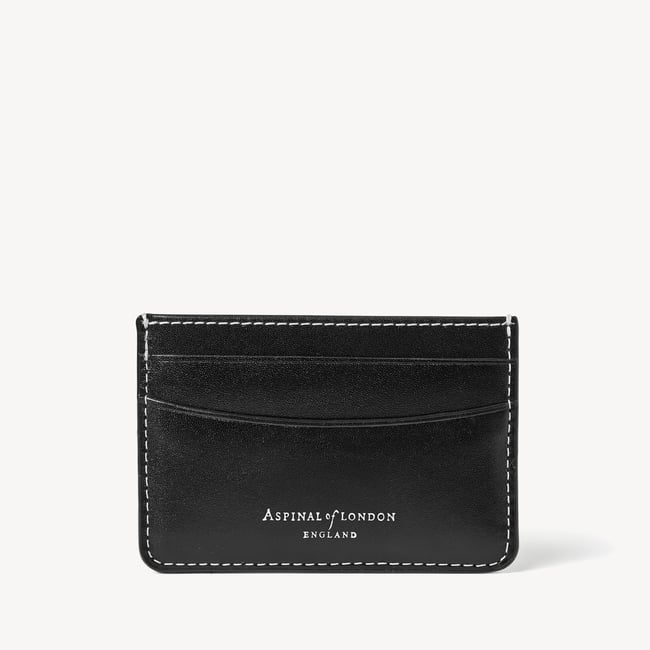 Slim Credit Card Holder Smooth Black with Ecru Stitching