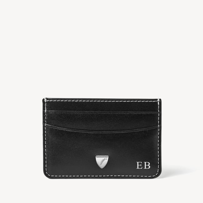 Slim Credit Card Holder Smooth Black with Ecru Stitching