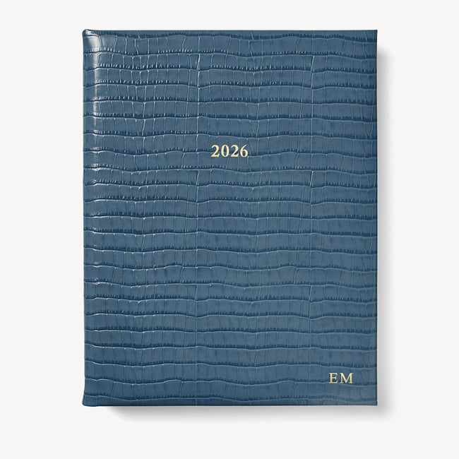 2026 A4 Day to Page Leather Diary Deep Shine Peacock Blue Small Croc