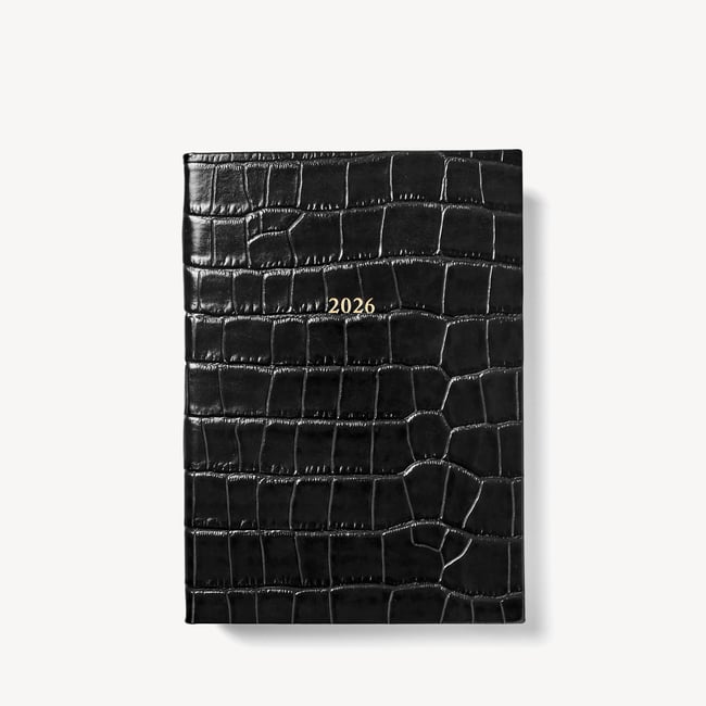 2026 A5 Week to View Leather Diary Deep Shine Black Croc