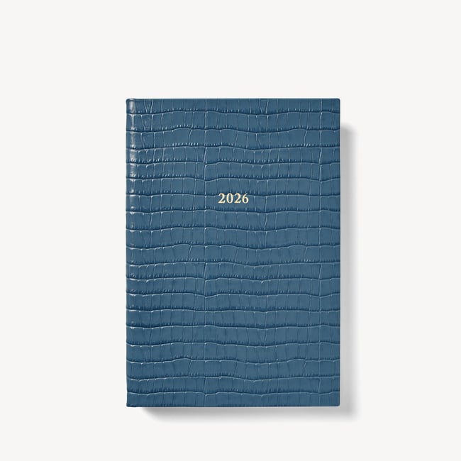 2026 A5 Day to Page Leather Diary Deep Shine Peacock Blue Small Croc