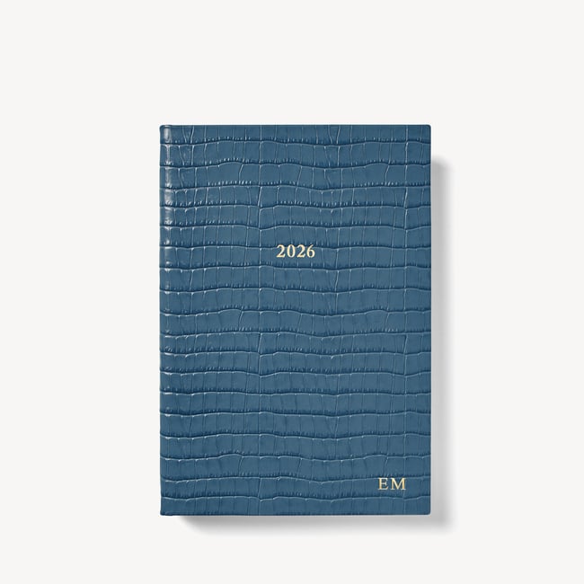 2026 A5 Day to Page Leather Diary Deep Shine Peacock Blue Small Croc