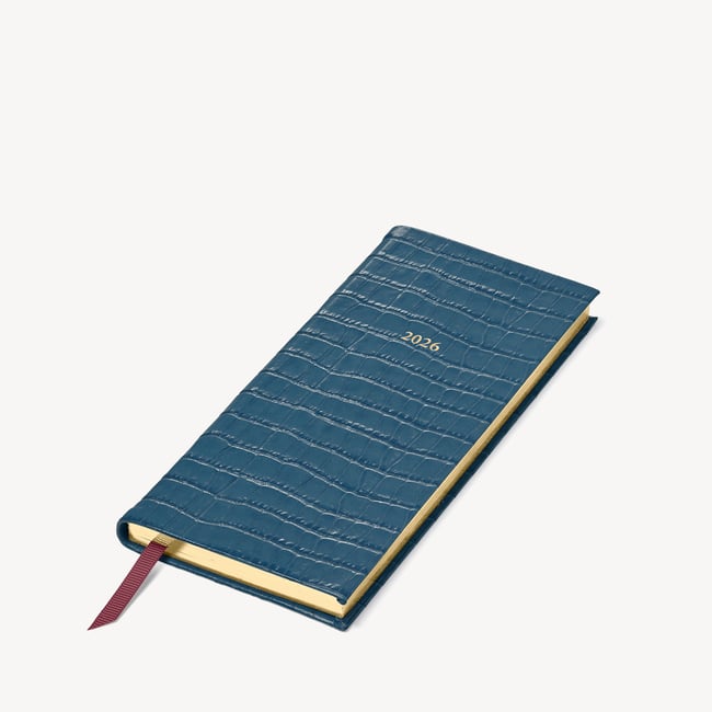 2026 Slim Pocket Leather Diary Deep Shine Peacock Blue Small Croc