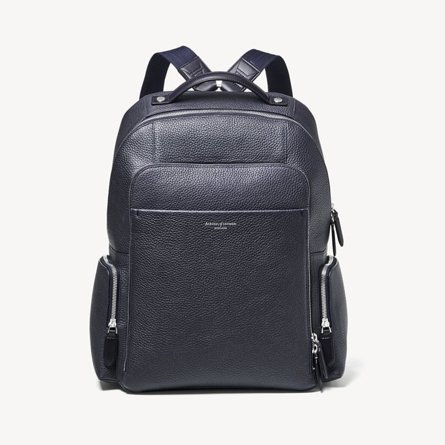 Zipped Leather Backpack Navy Pebble