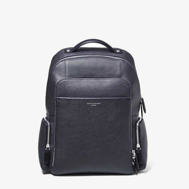 Zipped Leather Backpack Navy Pebble