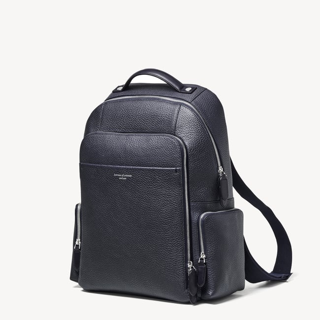 Zipped Leather Backpack Navy Pebble