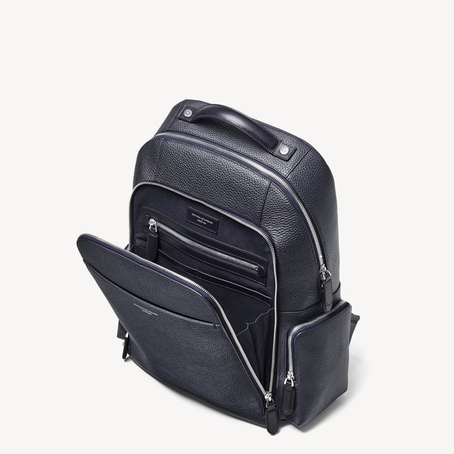Zipped Leather Backpack Navy Pebble
