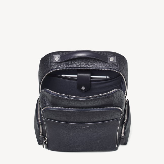 Zipped Leather Backpack Navy Pebble