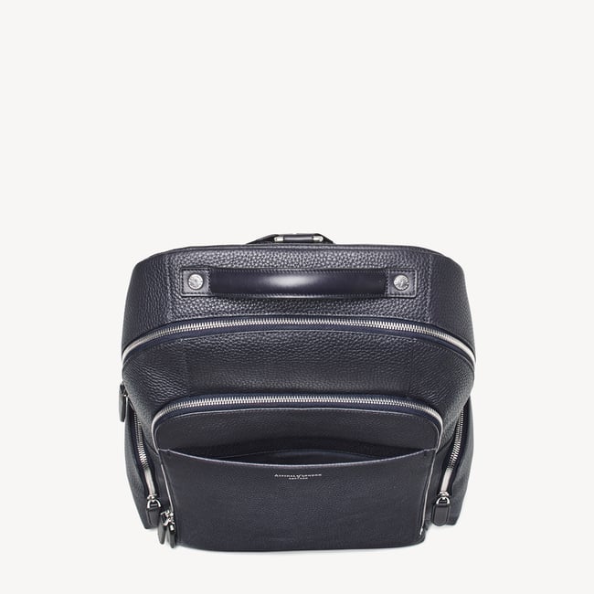 Zipped Leather Backpack Navy Pebble