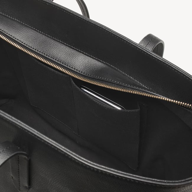 Zipped East West Tote with Shield Charm Black Soft Saffiano
