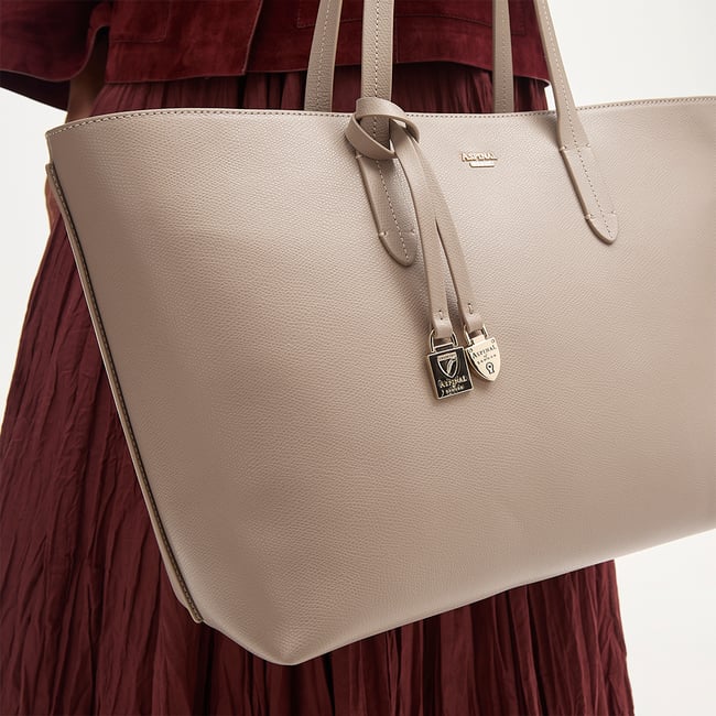 Zipped East West Tote with Shield Charm Moleskin Soft Saffiano