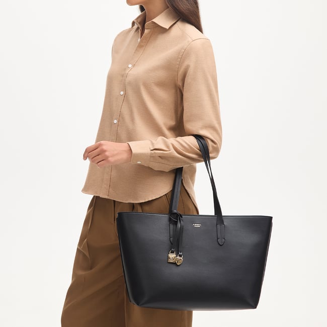 Zipped East West Tote with Shield Charm Black Soft Saffiano