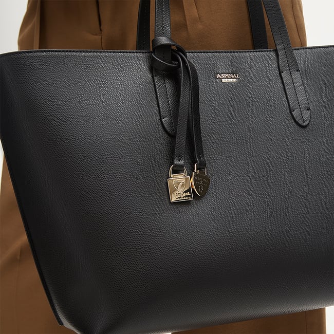 Zipped East West Tote with Shield Charm Black Soft Saffiano