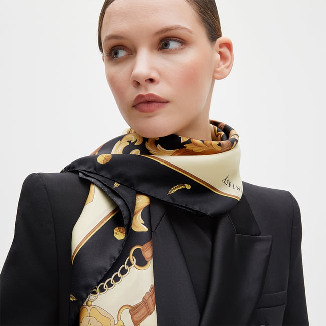 Aspinal Signature Shield Silk Scarf Black Pure Silk