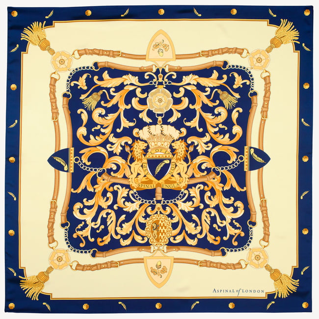 Aspinal Signature Shield Silk Scarf Navy Pure Silk