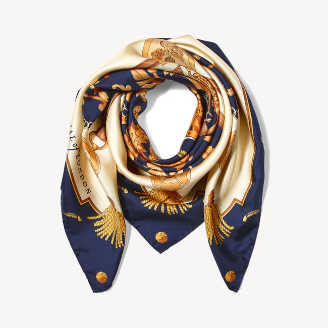 Aspinal Signature Shield Silk Scarf Navy Pure Silk