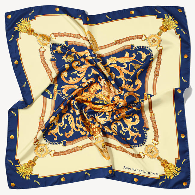 Aspinal Signature Shield Silk Scarf Navy Pure Silk
