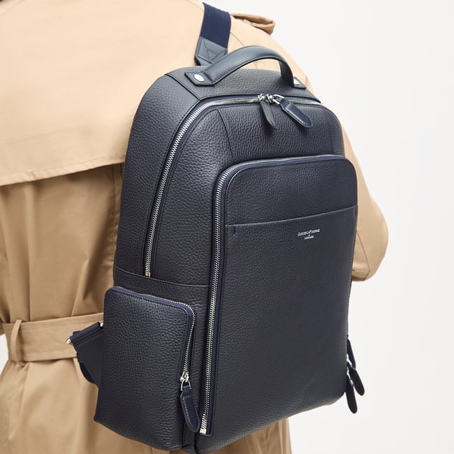 Zipped Leather Backpack Navy Pebble