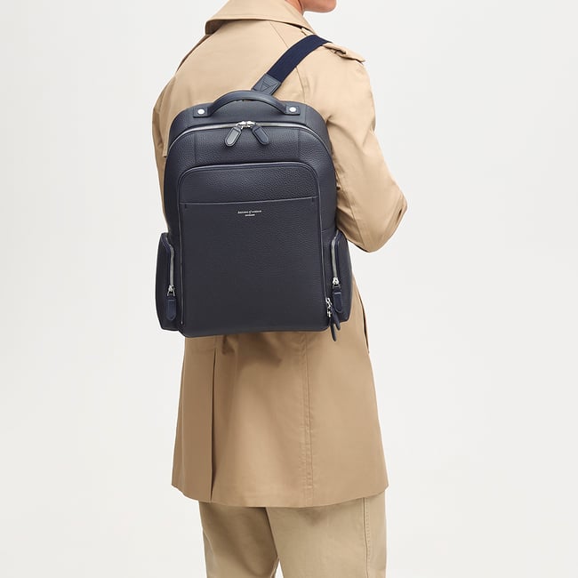 Zipped Leather Backpack Navy Pebble