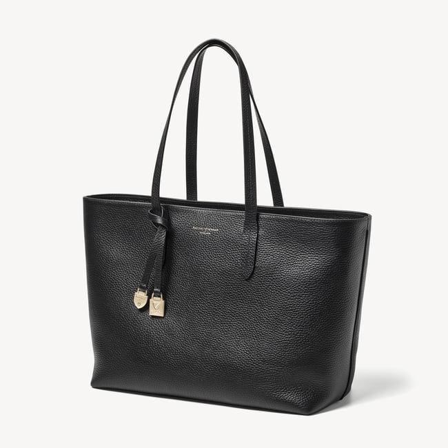 Zipped East West Tote with Shield Charm Black Pebble