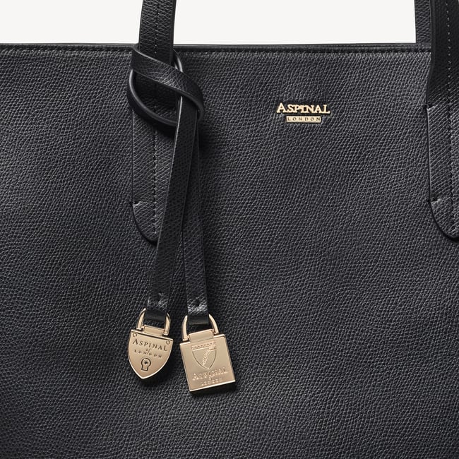 Zipped East West Tote with Shield Charm Black Soft Saffiano