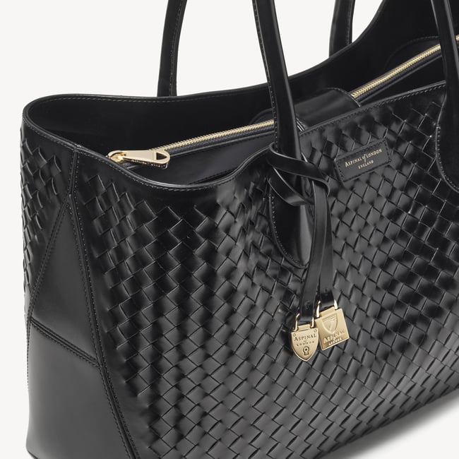 London Tote Black Deep Shine Woven Leather