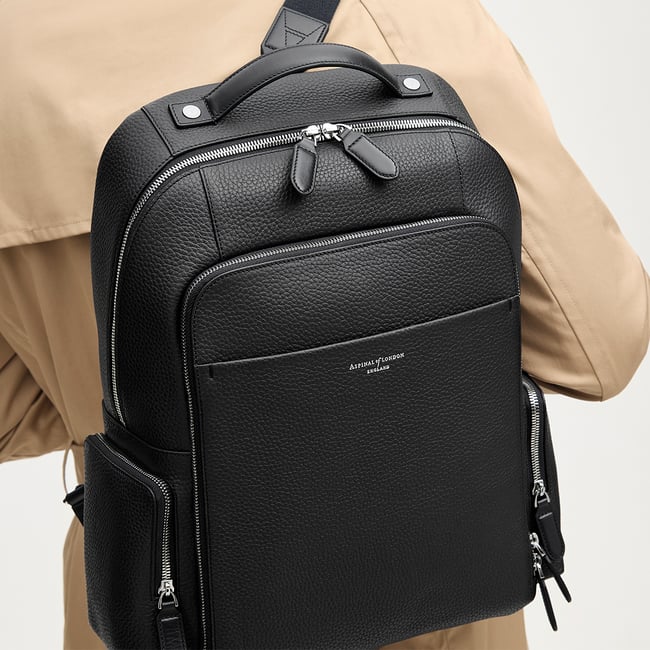 Zipped Leather Backpack Black Pebble