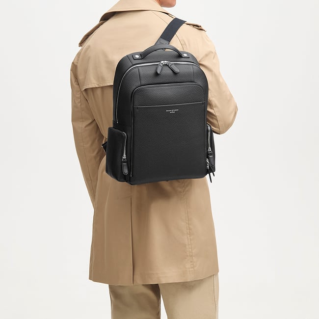 Zipped Leather Backpack Black Pebble