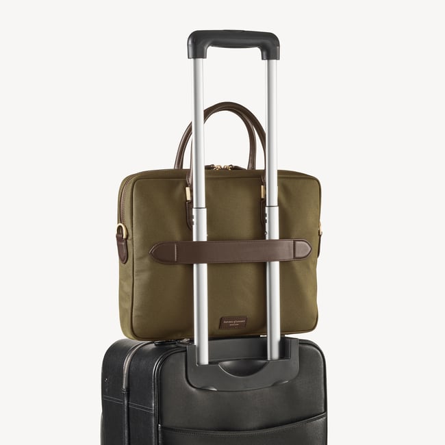 Slim Nylon Briefcase Olive Nylon Canvas with Leather Trim