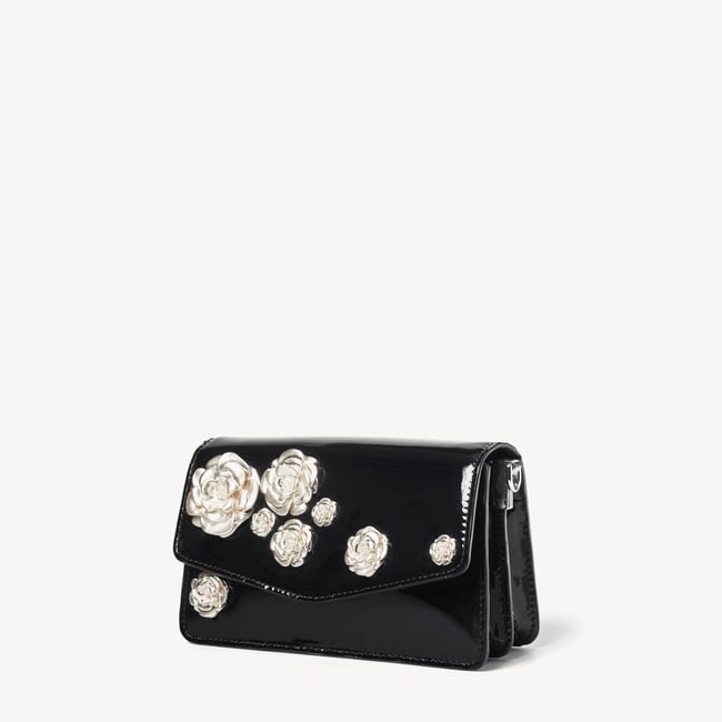 Sophie Clutch Black Patent with Silver Rose Embellishments
