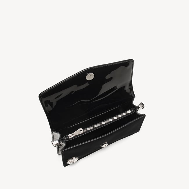 Sophie Clutch Black Patent with Silver Rose Embellishments