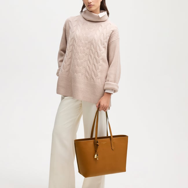 Zipped East West Tote with Shield Charm Smooth Tan