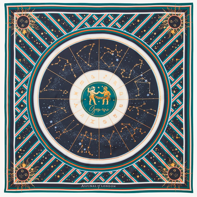 Gemini Zodiac Silk Scarf Navy Pure Silk