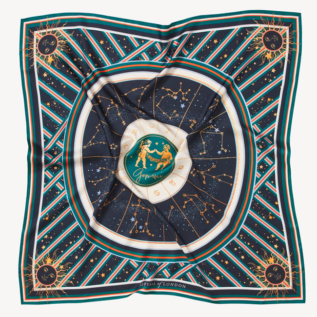 Gemini Zodiac Silk Scarf Navy Pure Silk