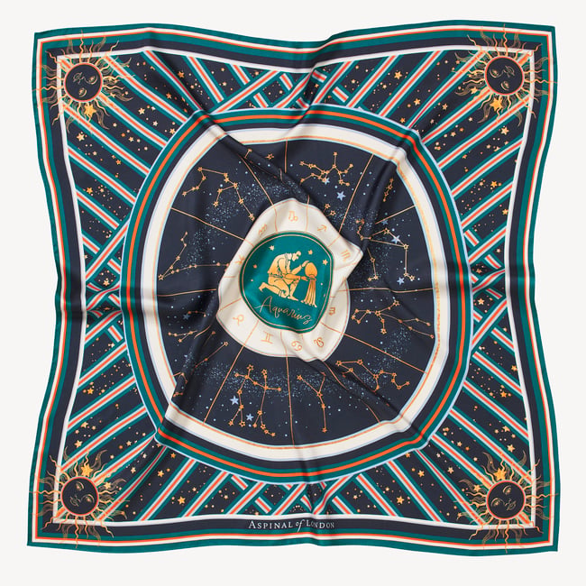 Aquarius Zodiac Silk Scarf Navy Pure Silk