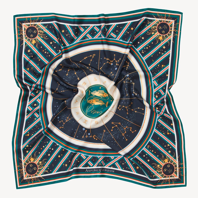 Pisces Zodiac Silk Scarf Navy Pure Silk