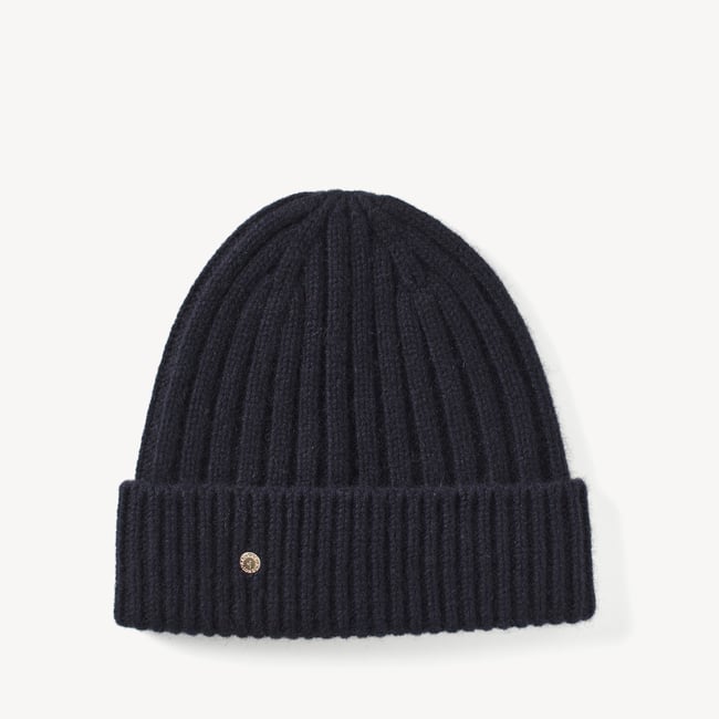 Chunky Ribbed Cashmere Beanie Hat Navy Cashmere