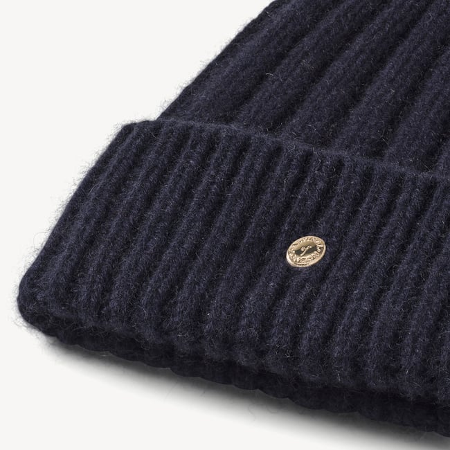 Chunky Ribbed Cashmere Beanie Hat Navy Cashmere