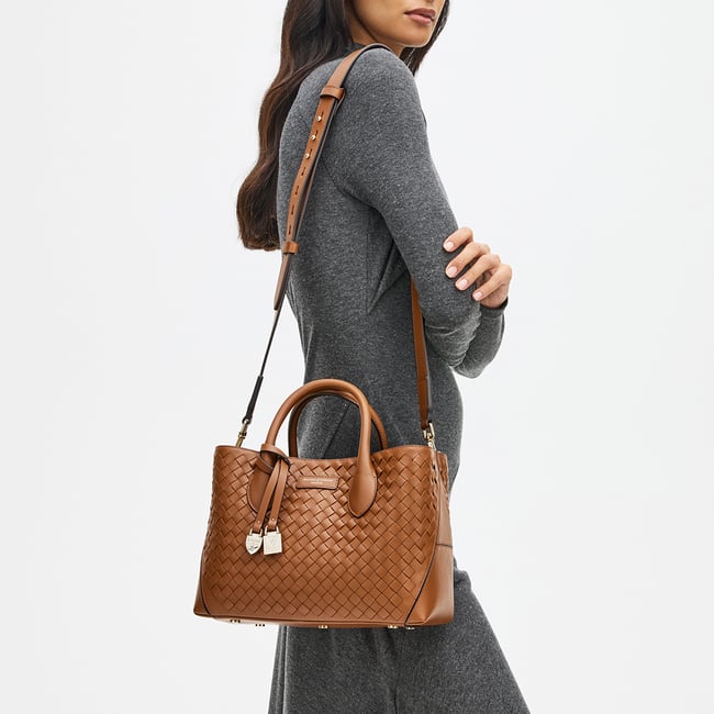 Midi London Tote Tan Woven Leather